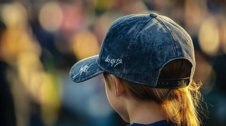 Child wearing denim cap enjoying an outdoor event during the golden hourの素材
