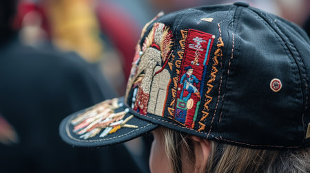 Close-up of a person wearing a decorative hat with indigenous designs at a cultural eventの素材