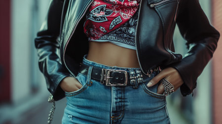 Young woman in a leather jacket poses confidently in urban setting during daylightの素材