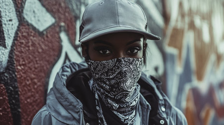 Individual wearing mask and cap stands against vibrant graffiti wall in an urban settingの素材
