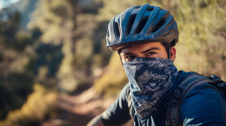 Mountain biker wearing a bandana on a trail surrounded by trees during the dayの素材