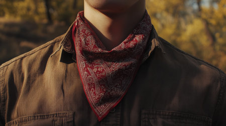 Man wearing a red bandana in a forest during autumnの素材