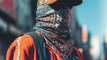 Urban fashion statement by masked individual in vibrant attire on a city streetの素材