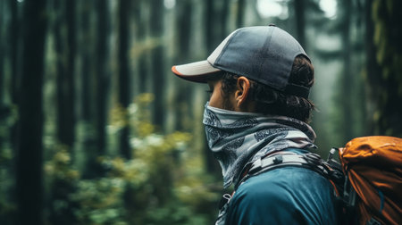 Hiker exploring misty forest in the early morning lightの素材