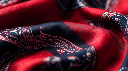 Elegant silk fabric in deep red and navy blue with intricate patterns on displayの素材