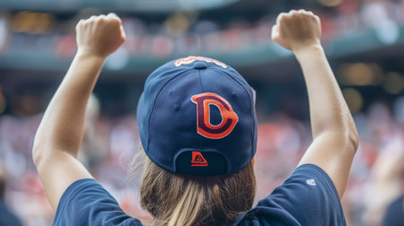 Fan celebrates during a baseball game at a stadium in summerの素材
