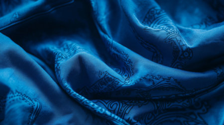 Rich blue silk fabric draped elegantly with intricate patterns captured in soft lightの素材
