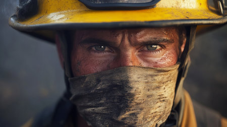 Firefighter in protective gear works during a wildfire response in a smoky settingの素材