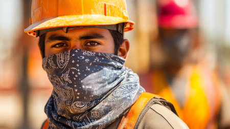 Young construction worker wearing safety gear at a building site during the dayの素材