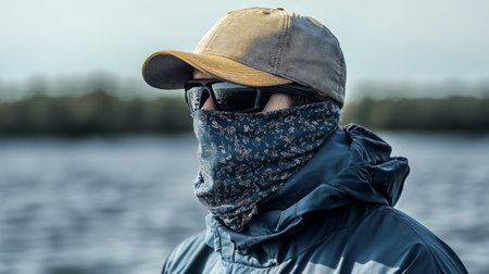 Person wearing sunglasses and a facemask by the water in early morning lightの素材
