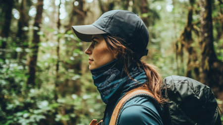 Woman hiking in a forest wearing a cap and backpack during a sunny dayの素材