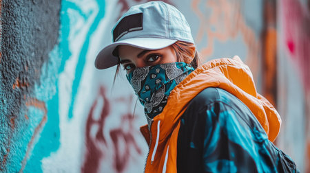 Young person wearing a mask and cap in an urban alley with colorful graffitiの素材