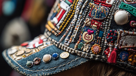 Detailed embroidered cap displayed with intricate designs and embellishmentsの素材