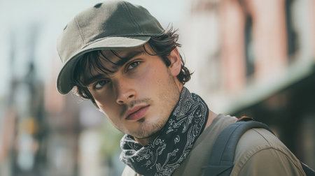Young man in a cap and scarf poses on a street in an urban setting during daylightの素材