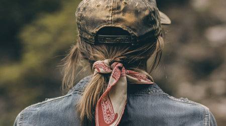 Woman with a bandana and cap enjoys nature in a forested area during daylightの素材