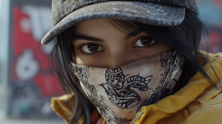 Young person wearing a patterned mask and cap in an urban setting during daylightの素材