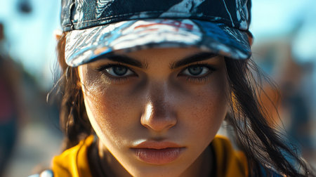Young woman wearing a patterned cap in an outdoor setting during daylightの素材