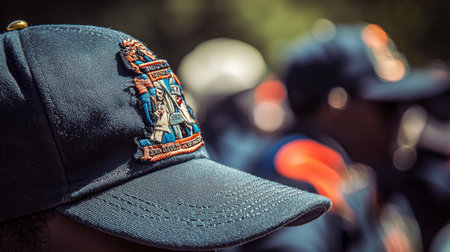 Police officers in uniform participate in a community event wearing caps with emblemsの素材