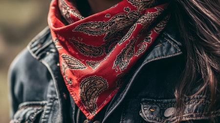 Woman wearing a red paisley bandana with a denim jacket outdoors in natural lightの素材