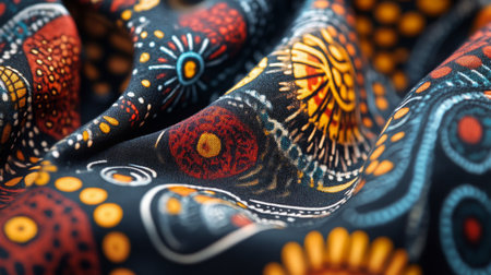 Vibrant fabric with intricate patterns showcasing traditional art in bright colorsの素材