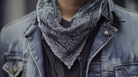 Person wearing a black bandana with patterned design in an urban setting at duskの素材