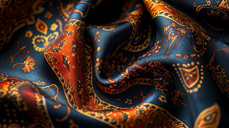 Elegant patterned fabric in rich colors displayed on a textured surfaceの素材