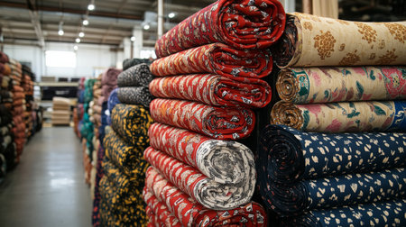 Stacked rolls of colorful fabric in a textile warehouse during daylightの素材