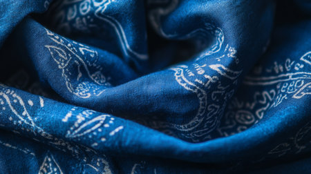 Close-up of intricate blue fabric with white patterns showcasing textile artistryの素材