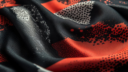 Close-up of textured fabric with abstract patterns in black, red, and white huesの素材