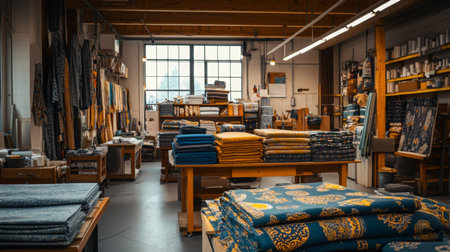 Textile workshop filled with colorful fabrics and rolls in spacious studio during daylightの素材