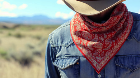 Cowboy wearing a red bandana in a desert landscape under a blue skyの素材