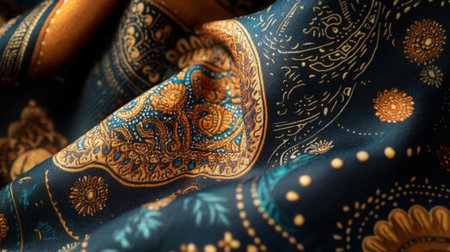 Detailed textile pattern featuring gold and blue designs on dark fabricの素材