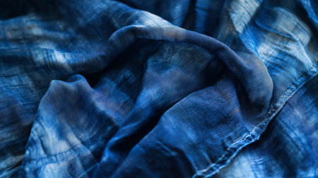 Blue textured fabric draped softly on a surface in natural lightの素材