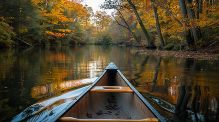 Canoeing Through Autumn Colors on a Tranquil River at Sunsetの素材