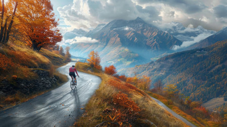 Cyclist Riding Through Autumn Landscape in the Swiss Alps on a Cloudy Dayの素材