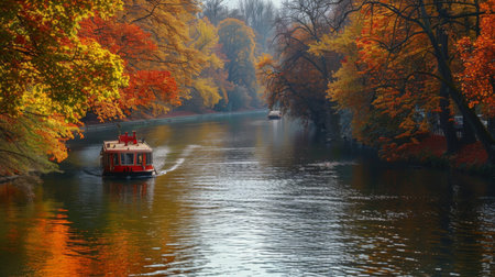 Autumn Boat Ride Through Colorful Trees on a Serene Riverの素材