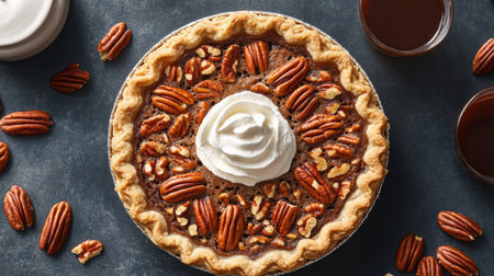 Delicious pecan pie topped with whipped cream on a dark table with coffeeの素材