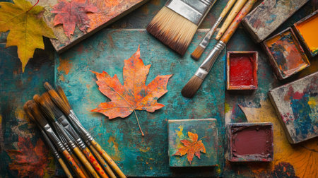 Artistic workspace with paintbrushes, colorful paints, autumn leaves on textured surfaceの素材