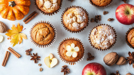Autumn-themed baked muffins with apples, pumpkin, and nuts on a rustic tableの素材