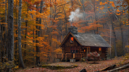 Cozy Log Cabin Surrounded by Autumn Foliage in a Tranquil Forestの素材