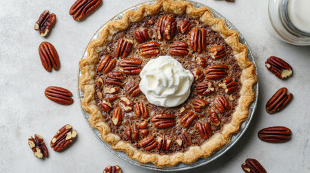 Pecan pie with whipped cream, garnished with whole nuts, on a light countertopの素材