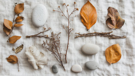 Natural arrangement of stones and dried leaves on a textured fabric backgroundの素材