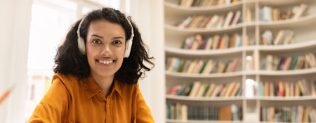 Happy woman in headset having online lesson on laptopの写真素材