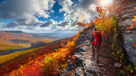 Hiker Trekking Along Colorful Autumn Trail in Mountainous Landscapeの素材