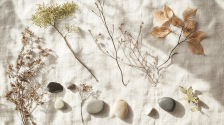 Natural materials arranged on a textured surface with stones and dried plantsの素材