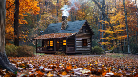 Cozy Log Cabin Surrounded By Vibrant Fall Foliage in a Tranquil Forest Settingの素材