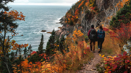 Autumn Hikers Walking Along Coastal Trail in Scenic Ocean Viewの素材