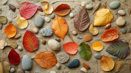 Colorful autumn leaves and pebbles arranged on a rustic surface in natural lightの素材