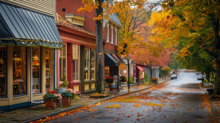 Charming Autumn Street With Colorful Storefronts Surrounded by Fall Foliageの素材