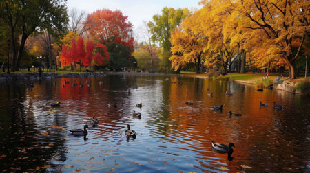 Autumn Foliage Reflected in Tranquil Pond With Ducks in Central Parkの素材